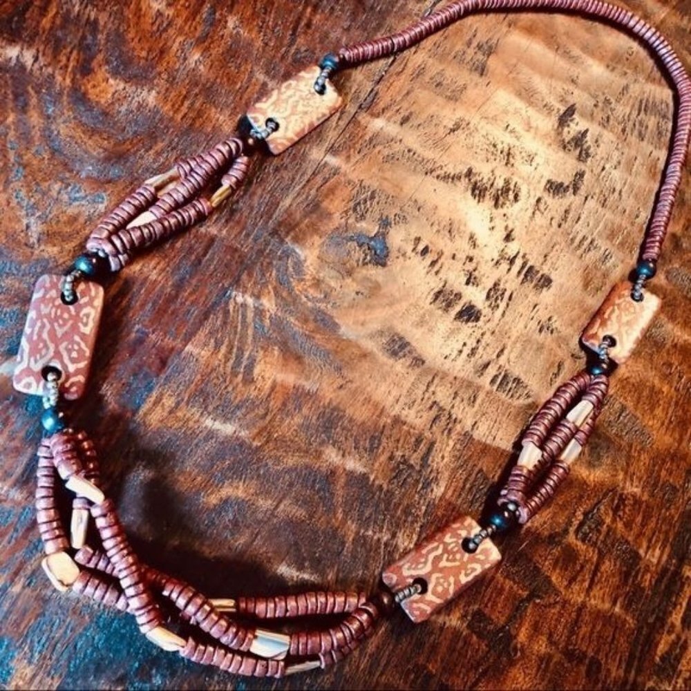 Long Wooden Boho Beads With Abalone